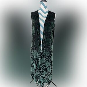LuLaRoe Green Velvet Roses Coverup Long Vest size Medium Sheer